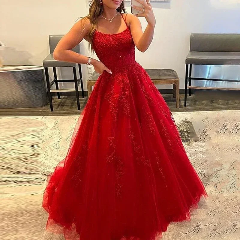 

Elegant Exquisite Floral Appliques Evening Dresses Sexy Back Cross Lace Up Slim Waist Vestidos Sling Sleeveless Tiered Dress