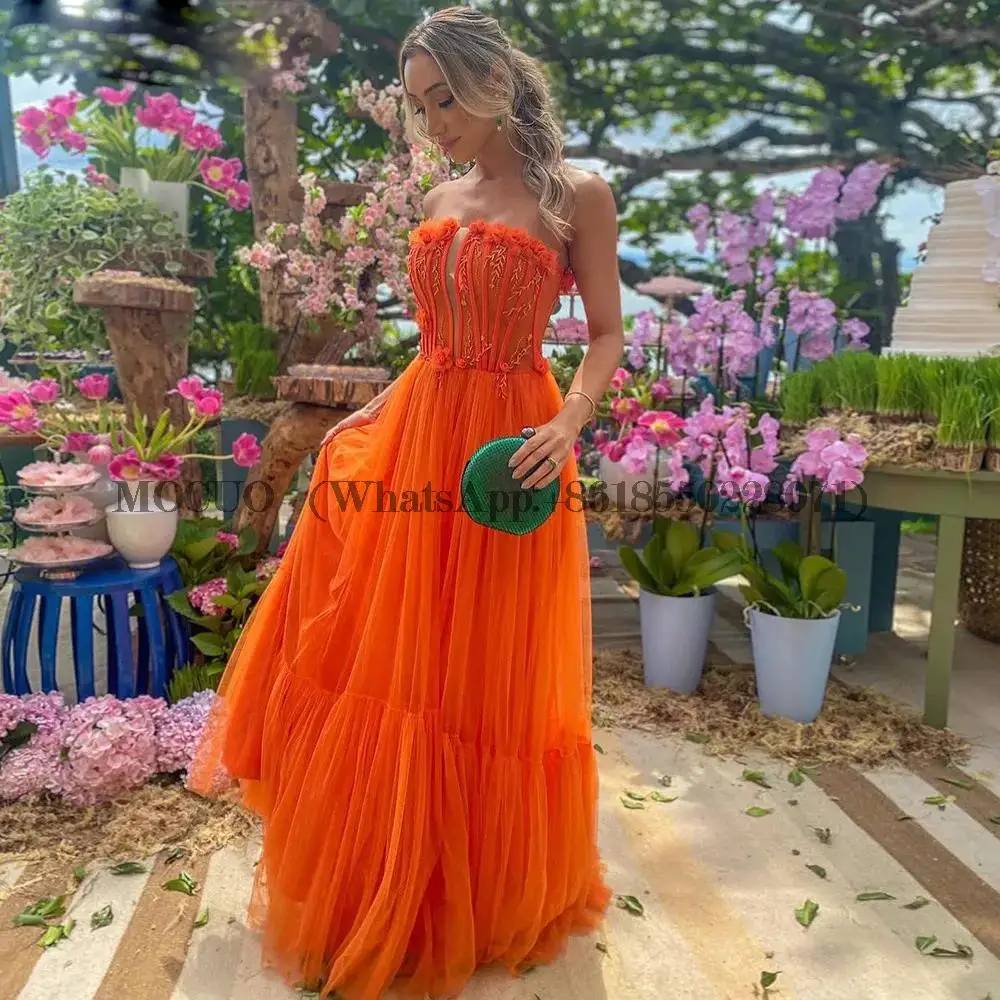 

Orange Arabic Women Formal Prom Dress Sexy Strapless Prom Dress Handmade Flower Evening Dress Multi-layer فستان سهرة