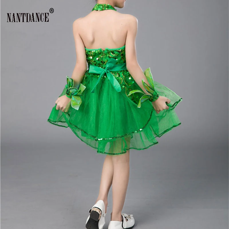 Children Latin Grass Performance Clothing Green Puffy Princess Dress Girls Stage Dancewear Suit Modern Dance Ballet Dress