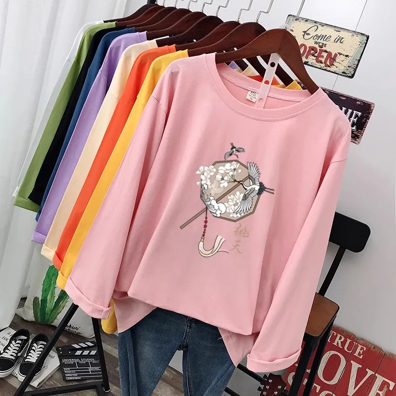 

DAYIFUN 100KG Plus Size T-shirts Women's Cotton Cartoon Printed Long Sleeve Tshirts 2023 Spring Autumn New Loose Bottom Tees Top