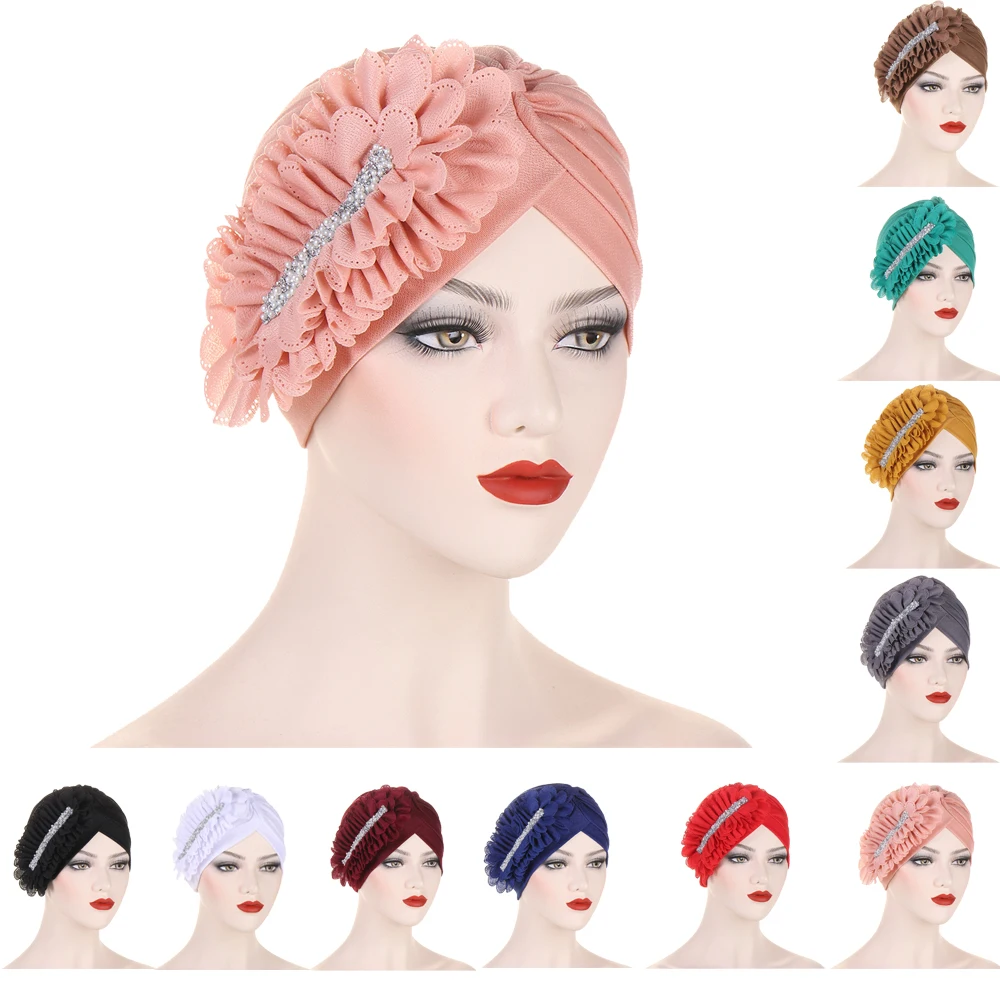 

New Flower Hijab Turban Chemo Cap for Women Diamonds Soild Color Muslim Headscarf Bonnet Inner Hijabs Arab Head Wraps Indian Hat