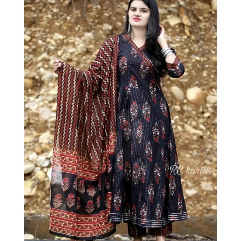 

Women's Checkered Printed Cotton Speaker Anarkali Kurti Pants with Dupatta Stitching Top