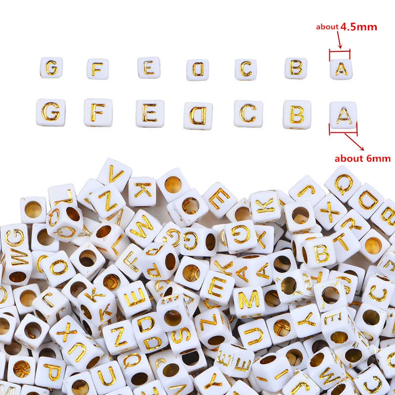 100pcs A-Z 26 Single Letter 6x6mm White And Gold Acrylic Alphabet Square Beads For Jewelry Making Diy Handmade Bracelet Necklace