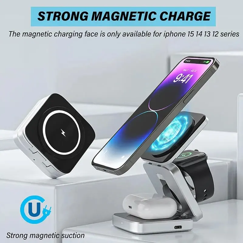 Magnetic Wireless Charger 3 in 1 Stand Pad For iPhone 15 14 13 12 Pro Max IWatch 8 7 6 5 Airprods Macsafe Fast Charging Station
