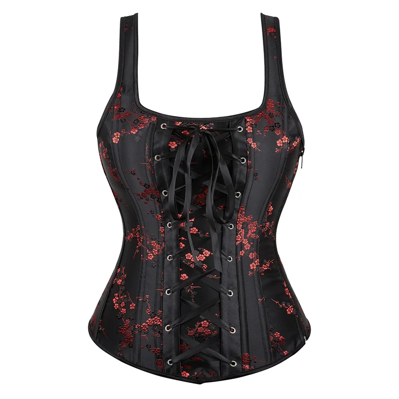 

Sexy Corsets Bustiers Straps Tops For Women Embroidery Flower Vintage Corset Gothic Satin Burlesque Overbust Corselet Plus Size
