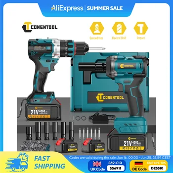 Conentool 520N.m Brushless Electric Impact Wrench 21V Cordless Electric Drill with 2pc Batteries Power Tools Set for Home Repair