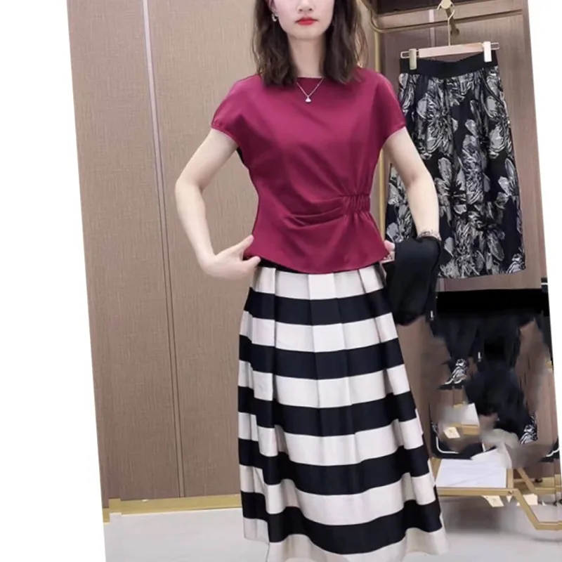 Women's Summer New Round Neck Pullover Pocket Stripes FashionVersatile Short Sleeved Top Slim Fit Loose Half Skirt Dress Sets