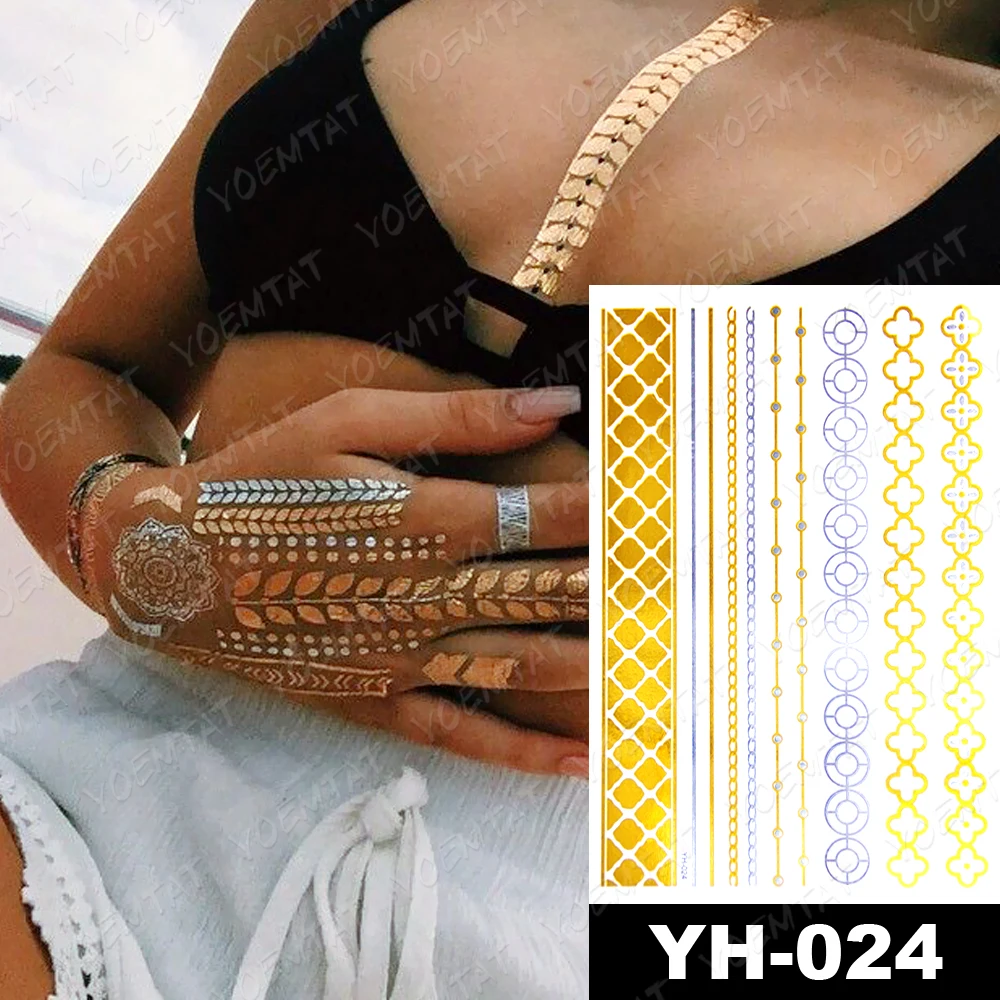 

Waterproof Temporary Tattoo Sticker Diamond Chain bracelet Gold Metallic Flash Tatoo Boho Party Henna Jewelry Glitter Body Art