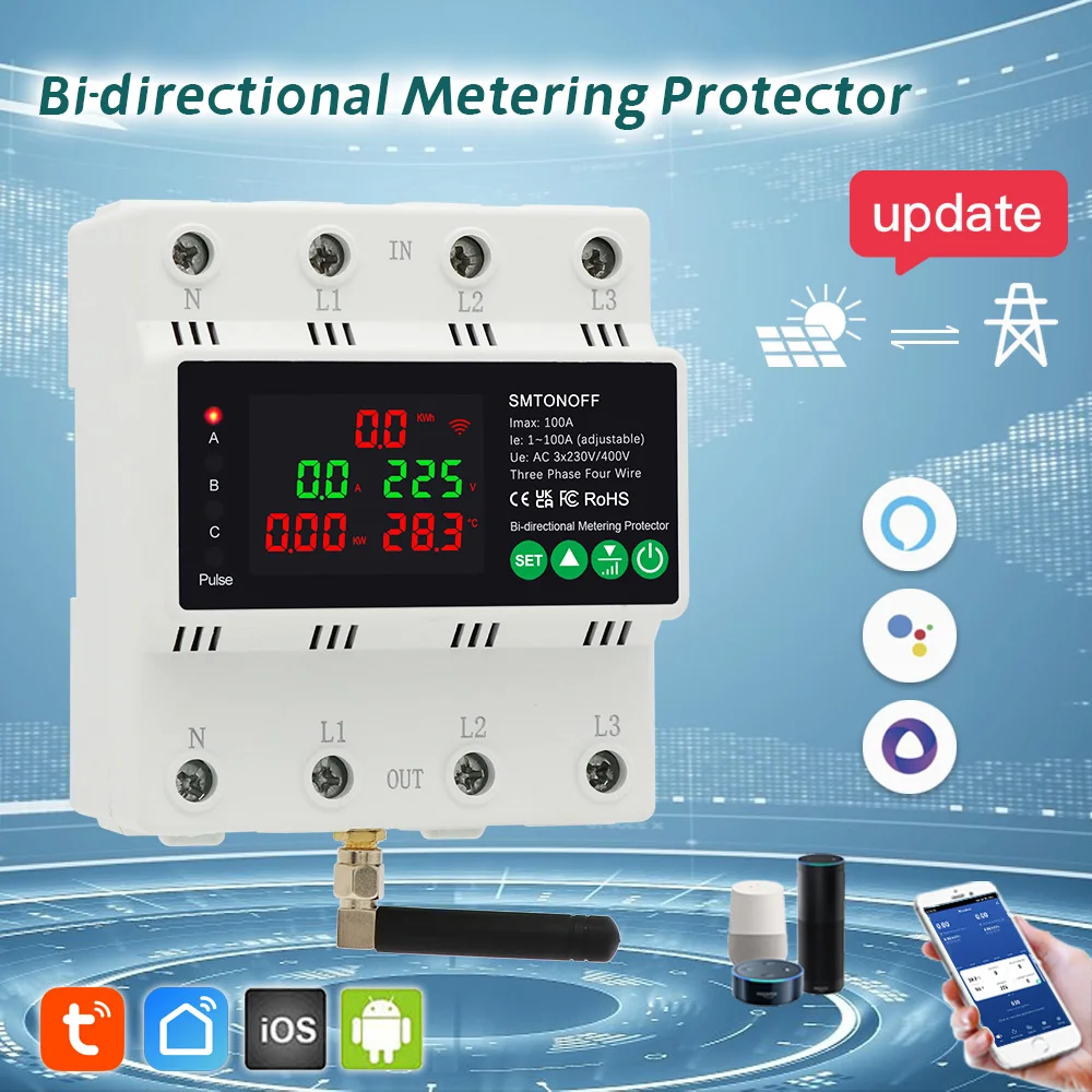 Tuya WiFi Three Phase 4P 100A Auto-Reclosing Over Under Voltage Protector Prepai