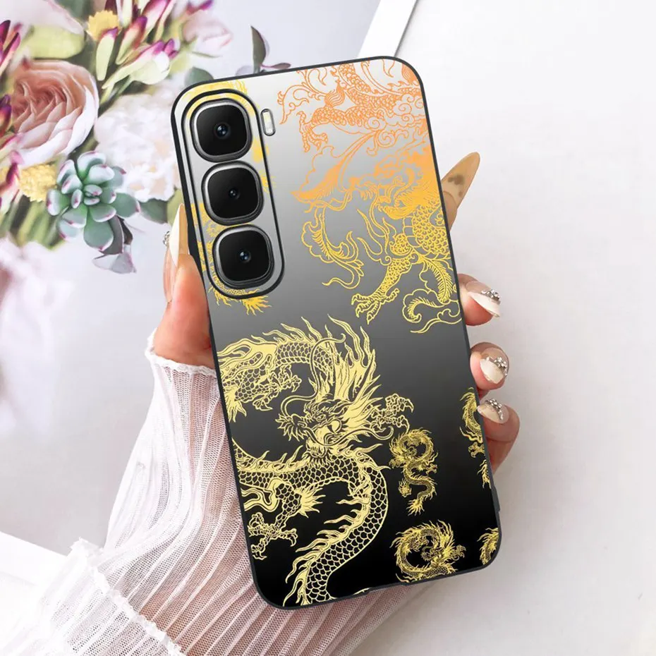 Enhanced Black Silicone Soft Phone Case with Cool Dragon, Wolf, and Tiger Design