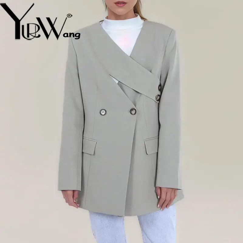 

Getspring Women Blazer V-neck Irregular Double Breasted Fashion Jacket Blazers Asymmetry Vintage Gray Suit Coats For Women 2024