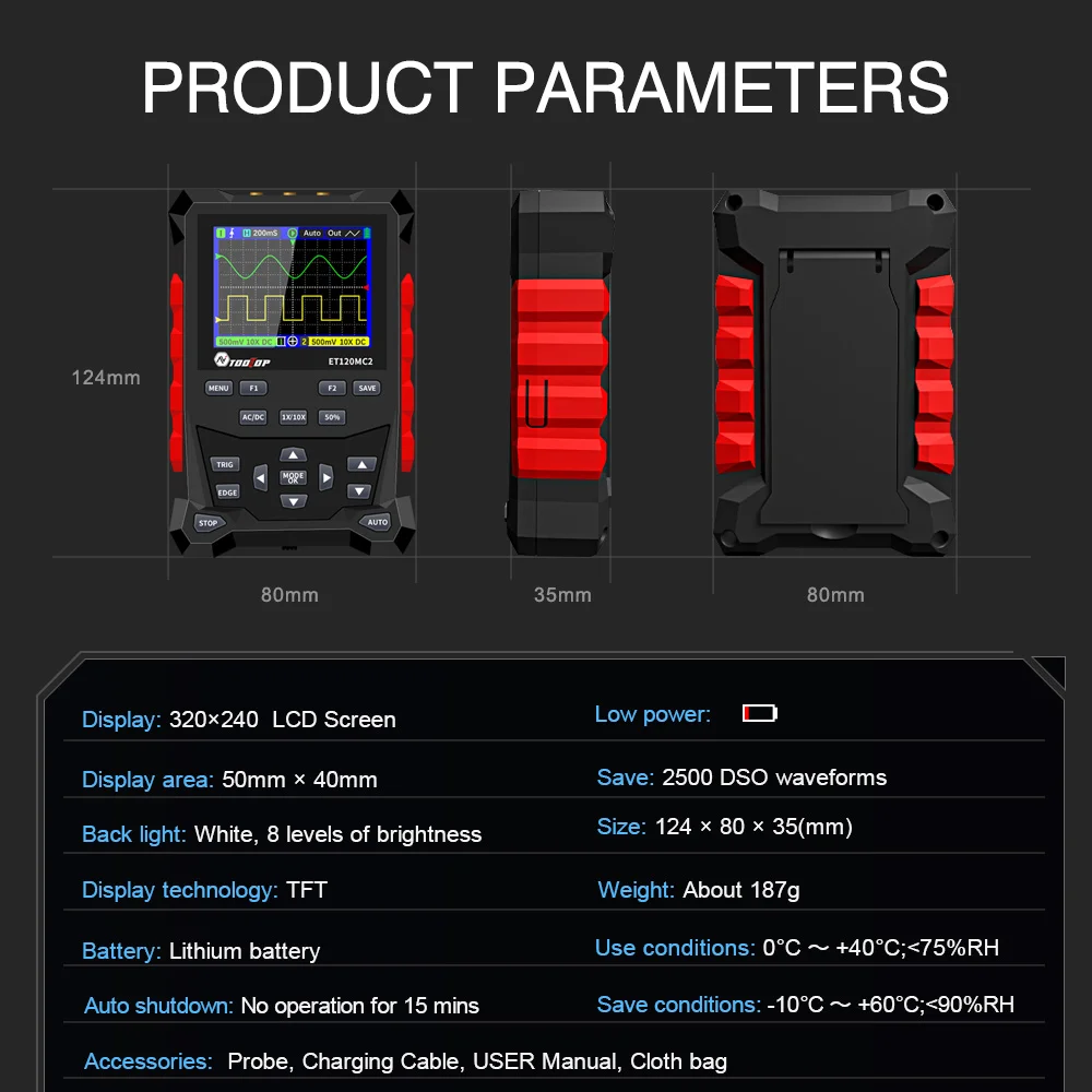ET120MC2 Dual Channel Handheld Digital Oscilloscope 120MHz 500MSa/S Sampling Rat