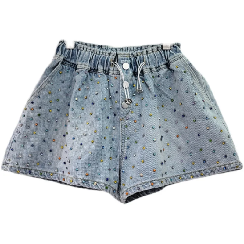 2023 New Spring Summer Full Body Colorful Diamond High Waist Denim Shorts Women Loose Slimming Wide Leg Shorts Femme Short Jeans