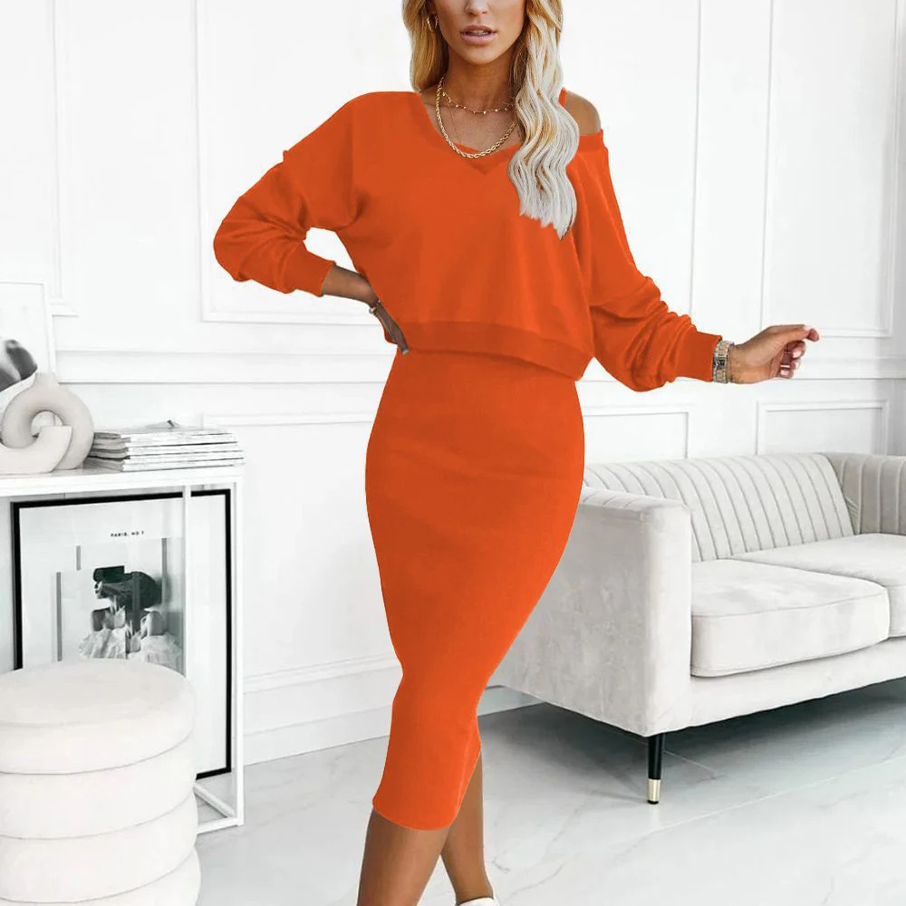 knee length dresses for ladies Dark Red V-Neck Long Sleeve Two-Piece Set Mahogany Plum / M main image 1