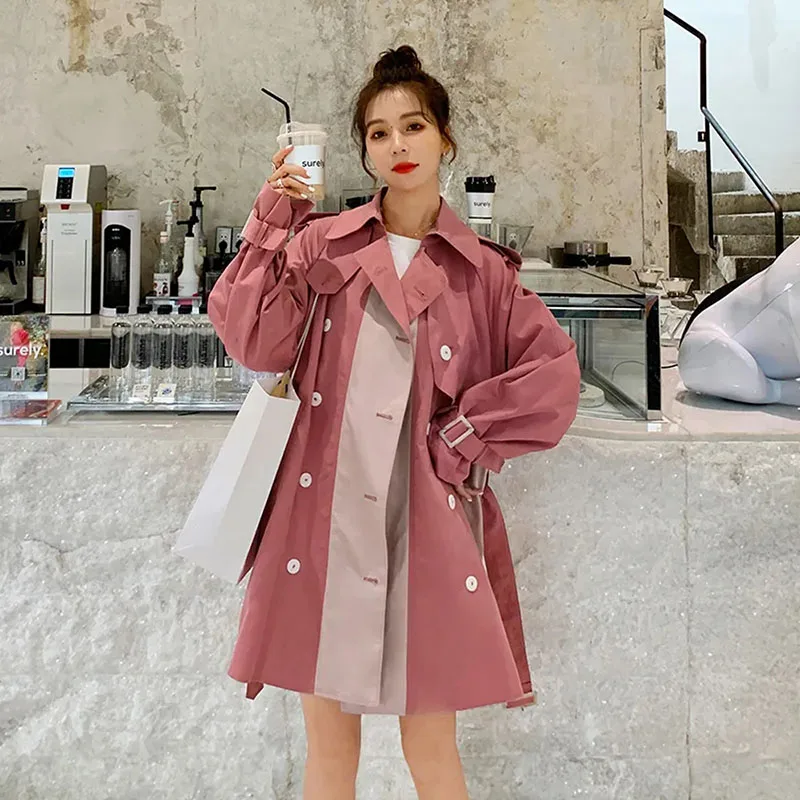 

Spring New Women Pink Casual Short Windbreaker With Sashes Double-breasted Contrast Color Lapel Long Sleeve Female Trench Coat