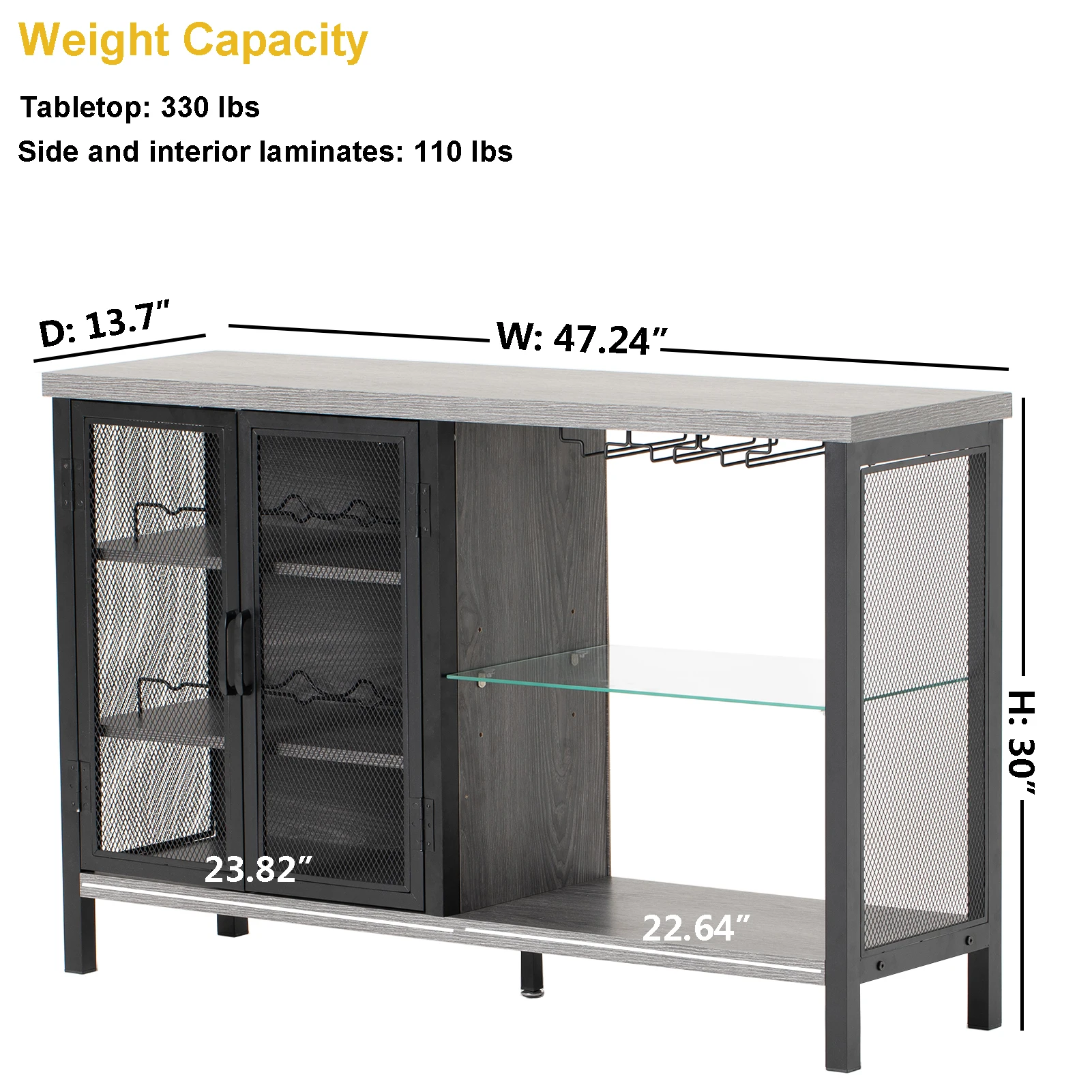 47 In Industrial Bar Cabinet for Liquor and Glasses, Rustic Wine Bar Cabinet with Wine Rack & Doors, Wash Grey/Rustic Brown/Oak
