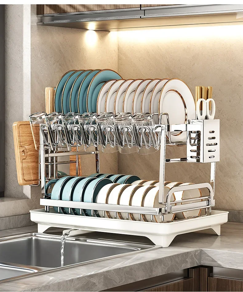Stainless Steel 2 Tier Dish Rack Adjustable Countertop Organizer Bowl Drainer Multifunctional Kitchen Utensil Storage Holder Hom