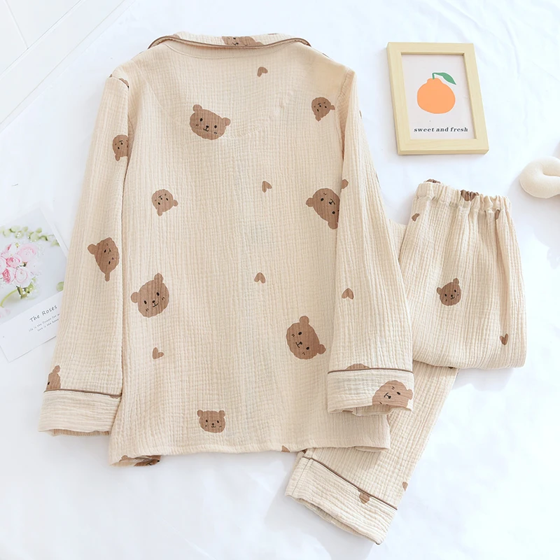 Spring Summer Autumn Couple Pure Cotton Cute Pajamas Set Sleepwear Female Long Sleeve Pijama Suit Loungewear Crepe Ladies Pyjama cute pj sets