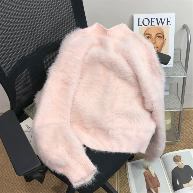 Women's Imitation Mink Sweater Outcoat, Female, Loose, Thicken, Warm, Short, Outwear, V-Neck, Casual, Knitwear, New, 2024