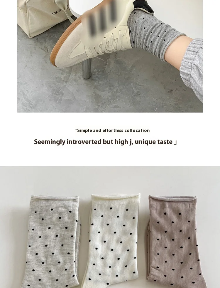 Cream Polka Dot Crew Socks Cotton Breathable Autumn Winter Style_voghion.com