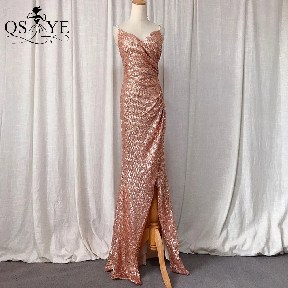 

Блестящие золотистые блестящие вечерние платья принцессы с V-образным вырезом и рюшами на тонких бретелях, блестящее сексуальное золотистое вечернее платье с разрезом, Новинка