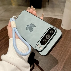 Fashion Leather Maple Leaf Pattern Case with Wrist Strap and Lanyard - PU Soft Cover - Pixel 9 (Q Blue GS)