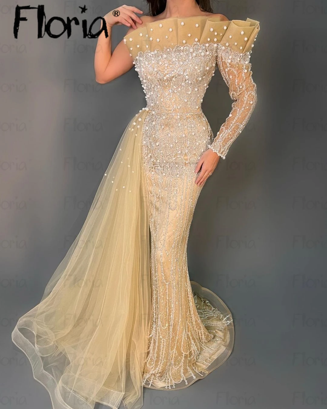 

Женское платье на одно плечо, вечернее платье с юбкой-годе, с жемчугом