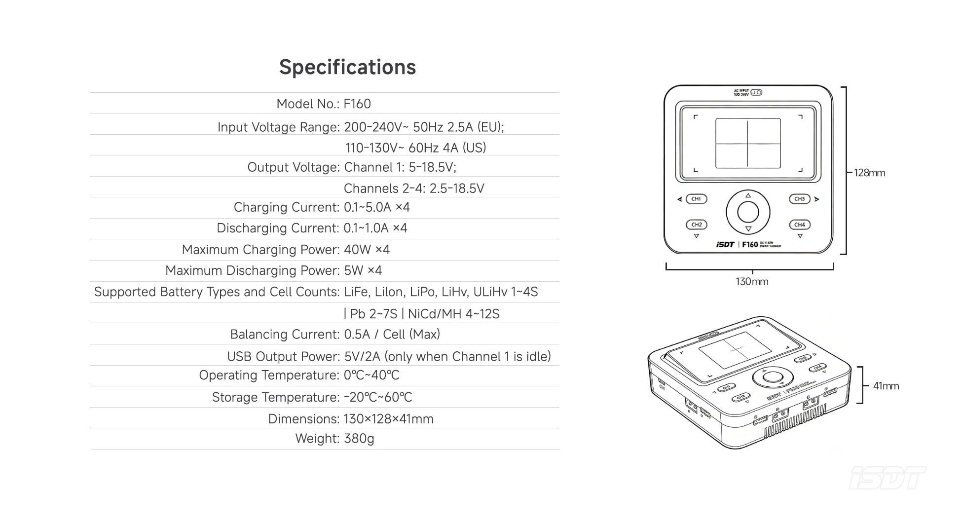 Chargeur Intelligent ISDT F160 Quad Channel 1-4S LiPo/Li-ion 2.4" LCD