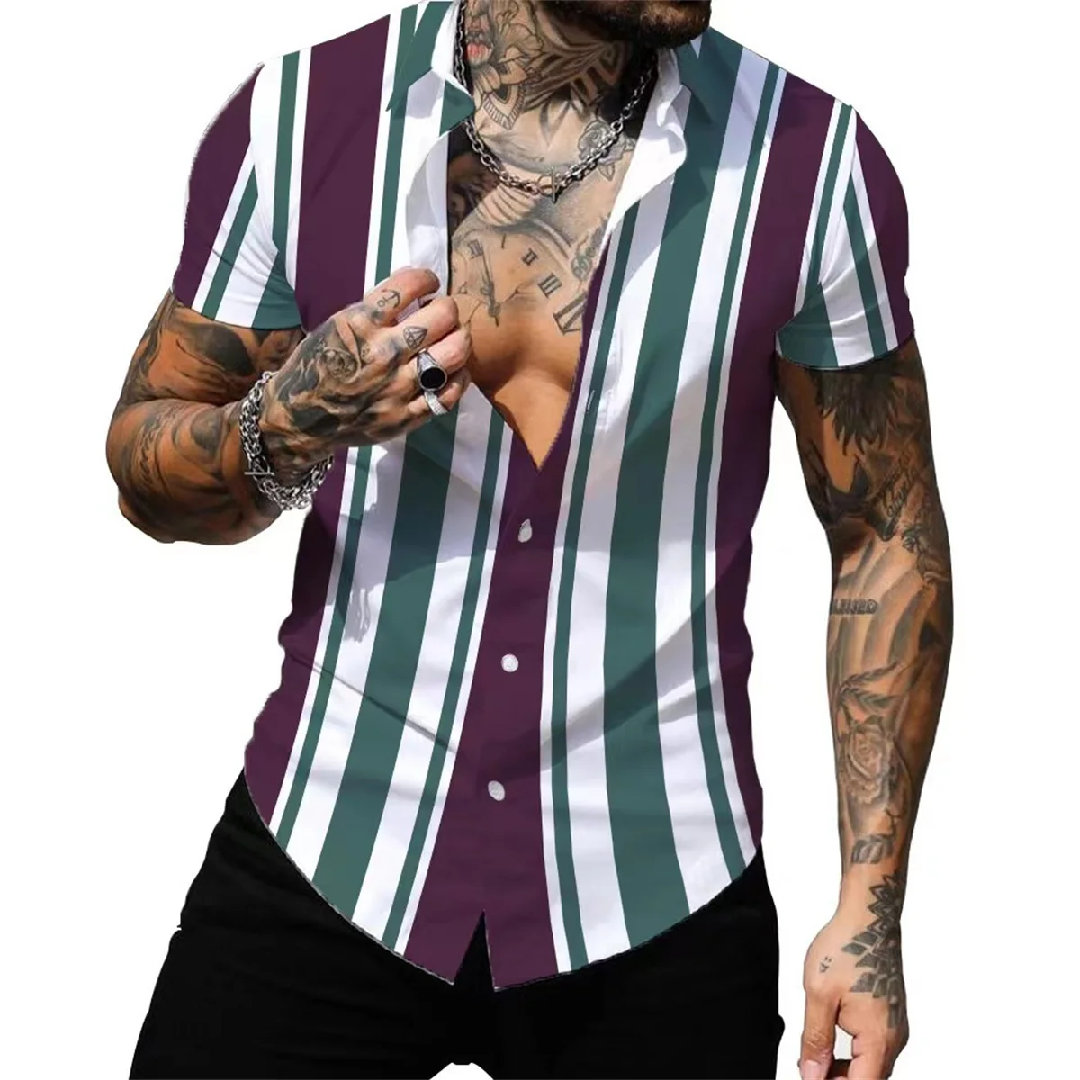 Striped Colorful Shirt Fashion Casual Outdoor Designer Street Party Men's High Quality Button T-shirt Short Sleeve Shirt 2023 4