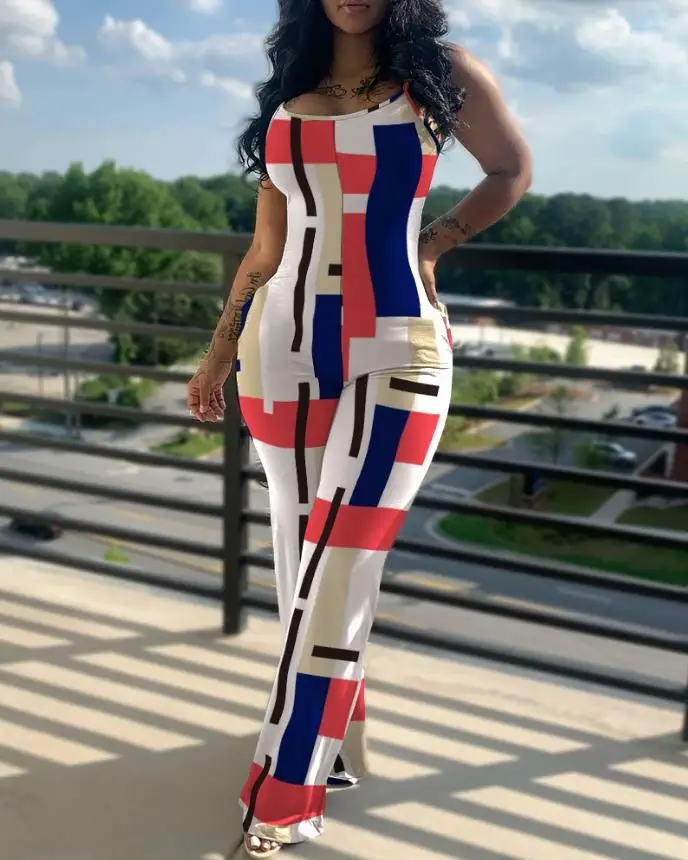 

Overalls for Women 2023 Spring Fashion Geometric Colorblock Print U Neck Sleeveless Pocket Design Casual Skinny Long Jumpsuit