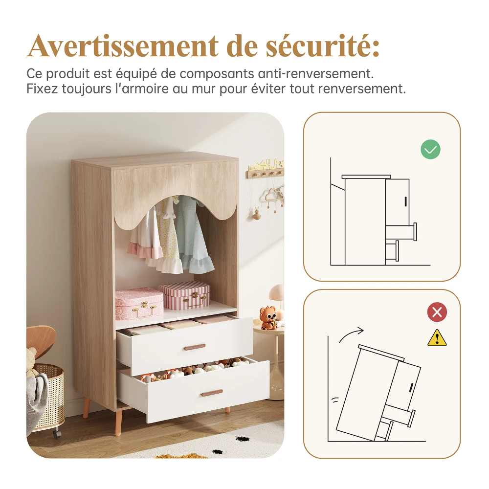 Kindergarderobe | Offenes Design mit Kleiderschrankstab und Schubladen, Vollholzgriffen, Spanplatte, Aufbewahrungsmöbel für Kinderzimmer – Detail 14