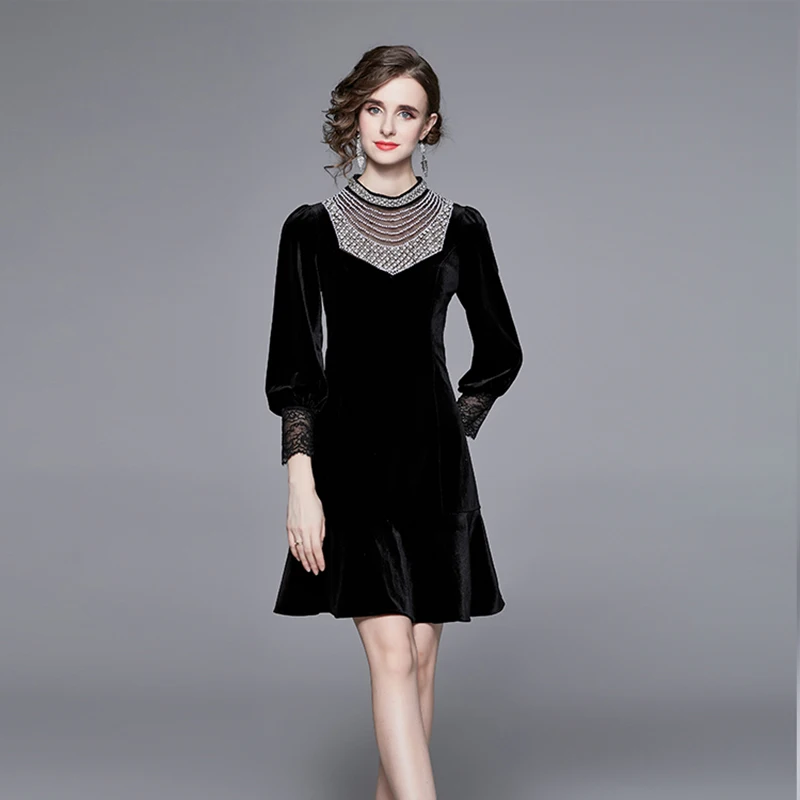 

Vintage Beading Black Velvet Dress Elegant Lace Patchwork Round Collar Women's Long Sleeve French Party Dinner Mini Dresses Q615