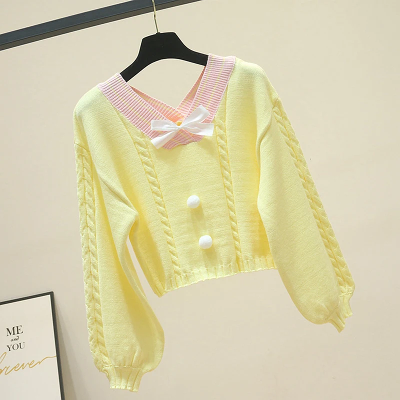 yellow sweater JMPRS Sweet Girls Sweater Fashion Sexy Crop Knitted Autumn Loose Long Sleeve Jumper Casual Japanese Kawaii V Neck Short Tops pink sweater