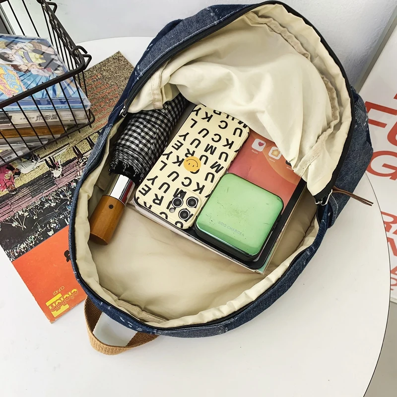 Trendy Cool Patch Women Backpack Washed Denim College
