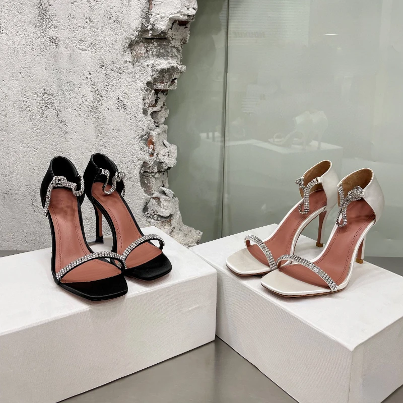 

One Word with Rhinestone High Heels 2022 Summer New Open Toe Silk Women's Sandals