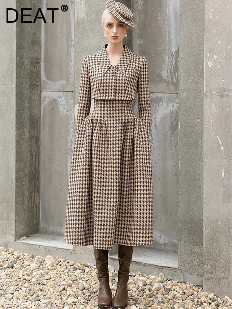 

DEAT Women's 2 Pcs Set Lapel Long Sleeve Button Short Coat Strapless Plaid Waist Fashion Dress Suits Autumn 2023 New 13DB2968
