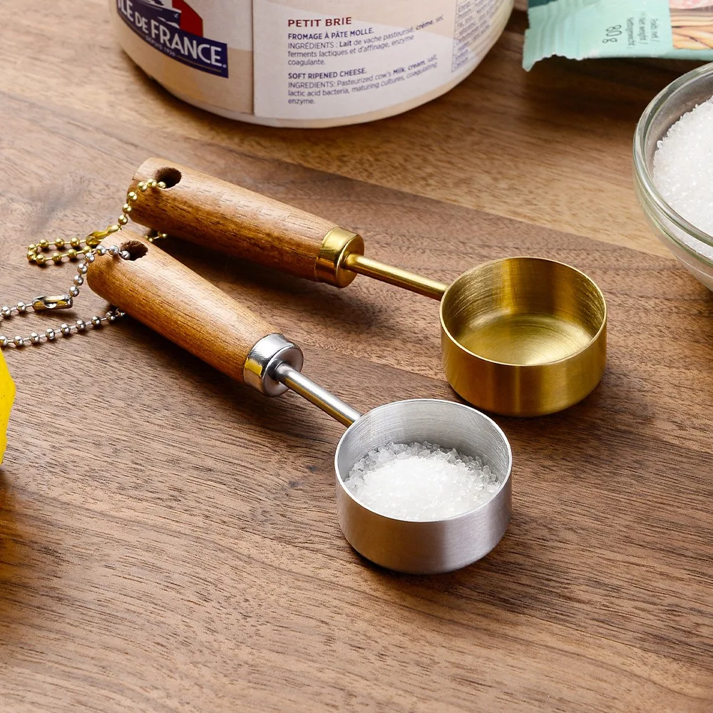 Kitchen Measuring Spoons Set Flat Bottom Stainless Steel Measure Spoon with Wood Handle Hangable Measuring Cup 14ml Rustproof Baking Tools