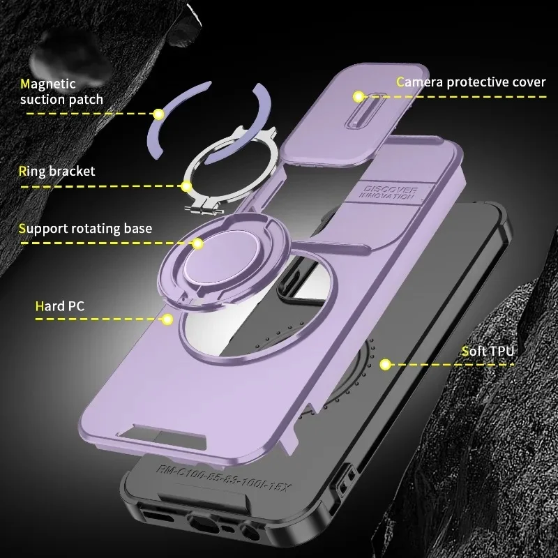Magnetic Bracket Stand Shockproof Armor Phone Case with Sliding Camera Cover