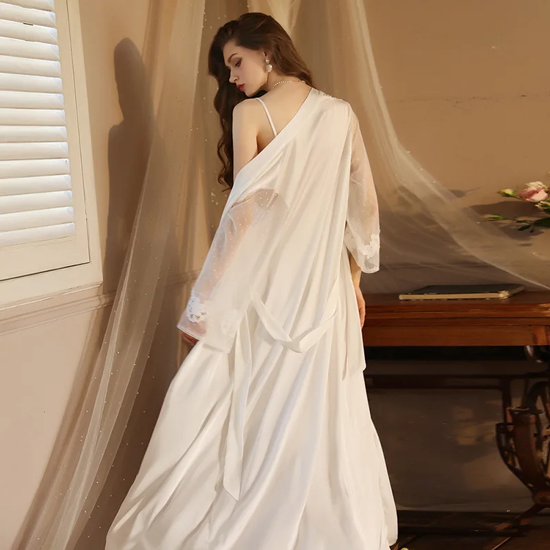 New Women Sexy Lace Nightgown Long Kimono Bath Gown Loose Suspender Nightdress Intimate Lingerie Wedding Bride Robe Set