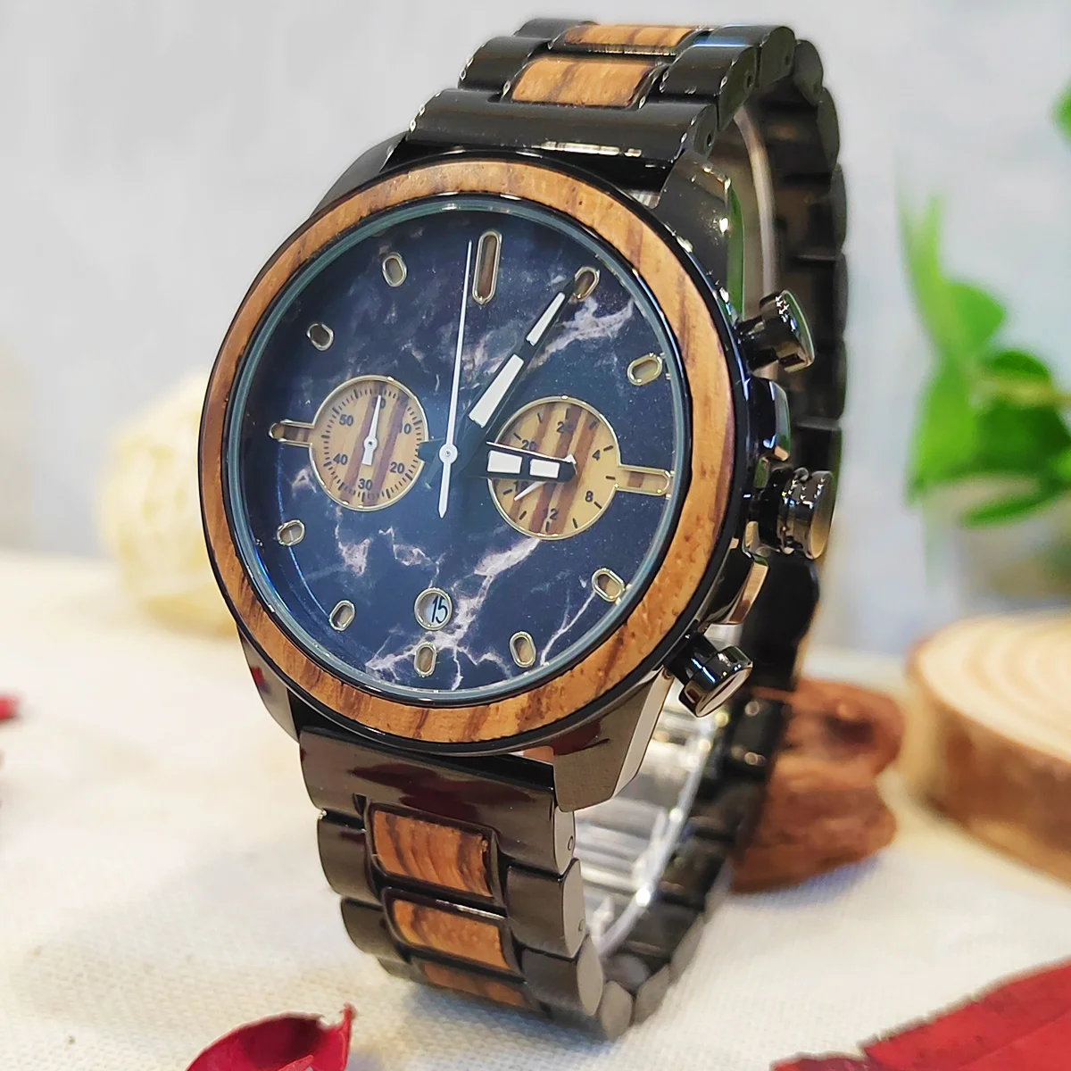 

Men's Watch Marble Dial Chronograph Stainless Steel Wristband Strap Watches for Men Walnut Wood Unique Wooden Watch Dropshipping