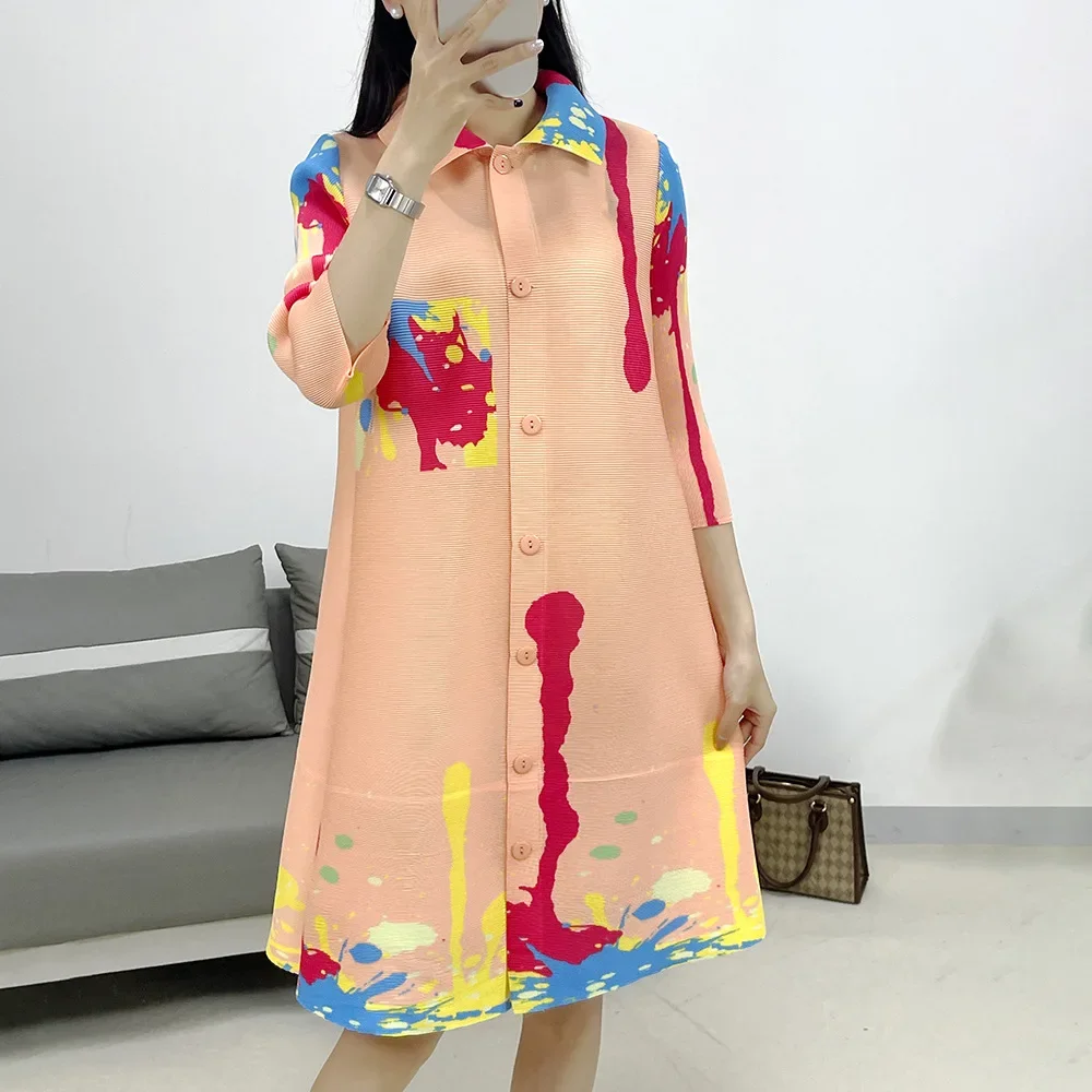 

2024 Spring New Pleated Casual Three-quarter Sleeve Printed Dress Women's Miyake Loose Versatile Pleated Clothes for Women