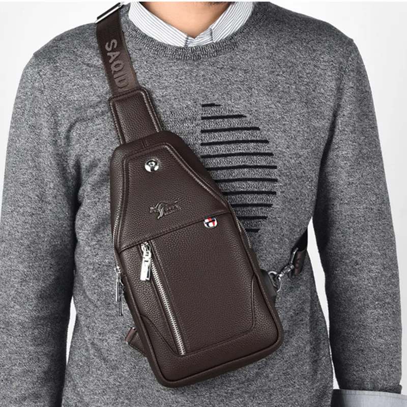 New Business Men's Chest Bag Fashion Leather Shoulder Messenger Bag USB Charging Crossbody Bag Travel Male Sling Bag