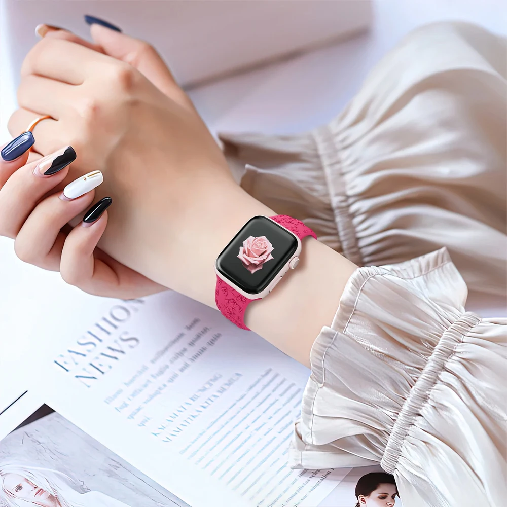 Band for Apple watch strap 44mm 45mm 42mm 41mm 49mm 38mm Floral Engraved bracelet correa iWatch Series 8 7 3 6 9 ultra 2 SE 40mm