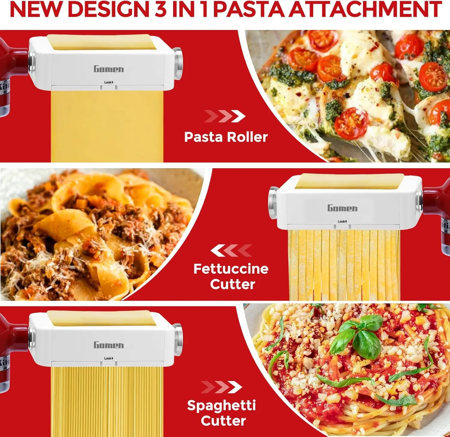 Pasta Attachment 3-in-1 Pasta Maker Attachment for KitchenAid Stand Mixer Includes Pasta Roller Spaghetti Cutter Fettuccine Cutter Stainless