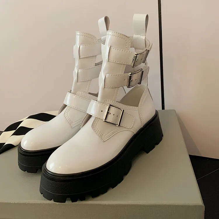 

New Autumn Women Ankle Boots Platform Hollow Out Short Riding Botas Metal Buckle Black Strap Lady Motorcycle Botines Femmes
