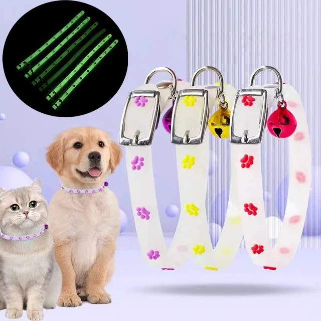 Cat Collar Glow in the Dark Footprint Cute Charms Adjustable Luminous Pet Collar for Kitten Chihuahua Night Walking Camping 4