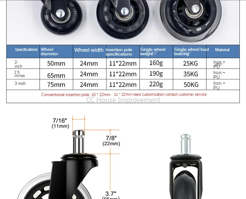 Description Picture 5 of item1PCS Office Chair Caster Wheels 2.5/3 Inch Swivel Rubber Caster Wheels Replacement Soft Safe Rollers Furniture Hardware