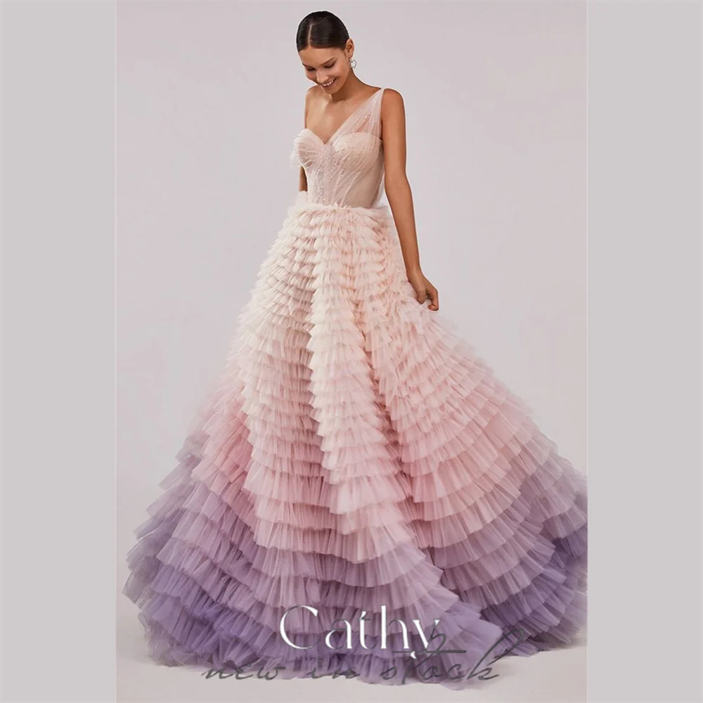 

Cathy Gradient Pink Ball Gown Prom Dress Sweetheart One Shoulder فساتين السهرة Pleaded tidos de noche