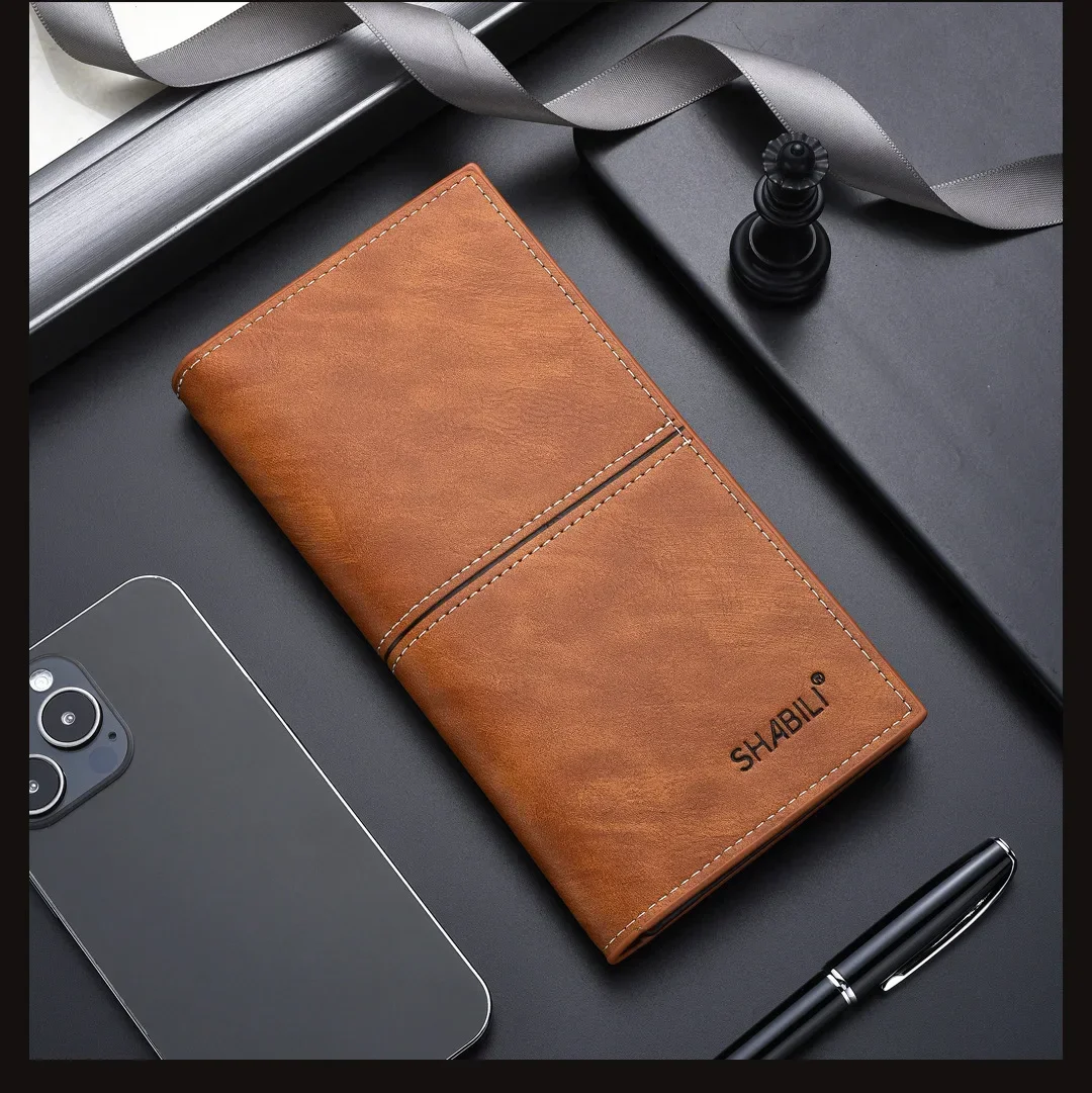 Pu Leather Long Thin Slim Wallet Vintage Male Credit Card Holder Brown Money Purses Solid Simplicity Business Wallet for Man 4