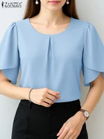 ZANZEA Women Summer OL Work Blouse Elegant Office Shirt Stylish Solid O Neck Tunic Short Petal Sleeve Tops Holiday Blusas Femme - Image 2
